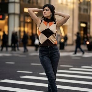 Cache/Bette Paige Argyle Sleeveless Keyhole Knit Top in Brown, Tan & Orange